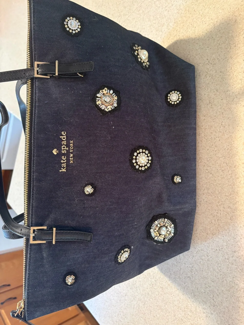 kate spade navy jeweled denim tote